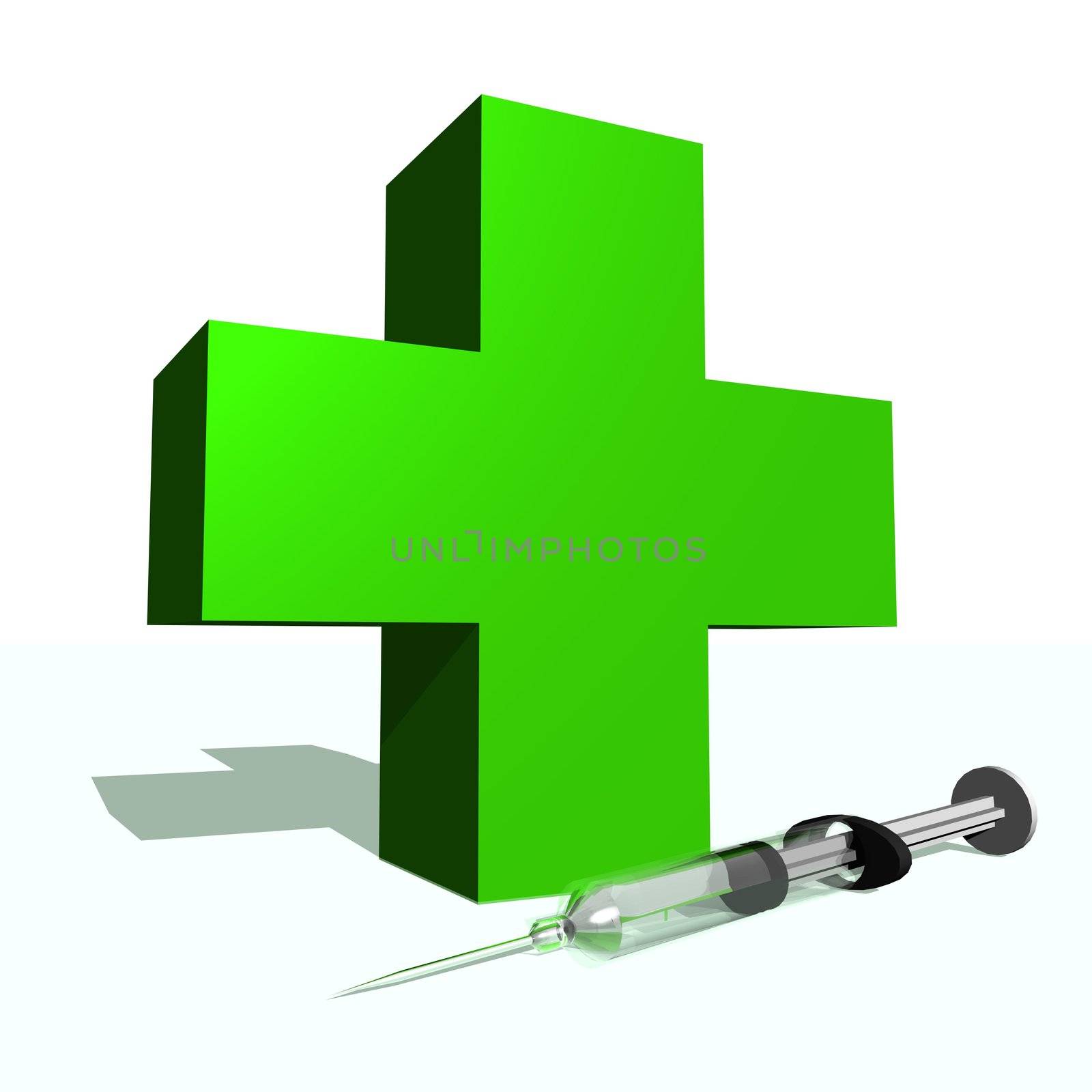 Big green cross and syringe in white background