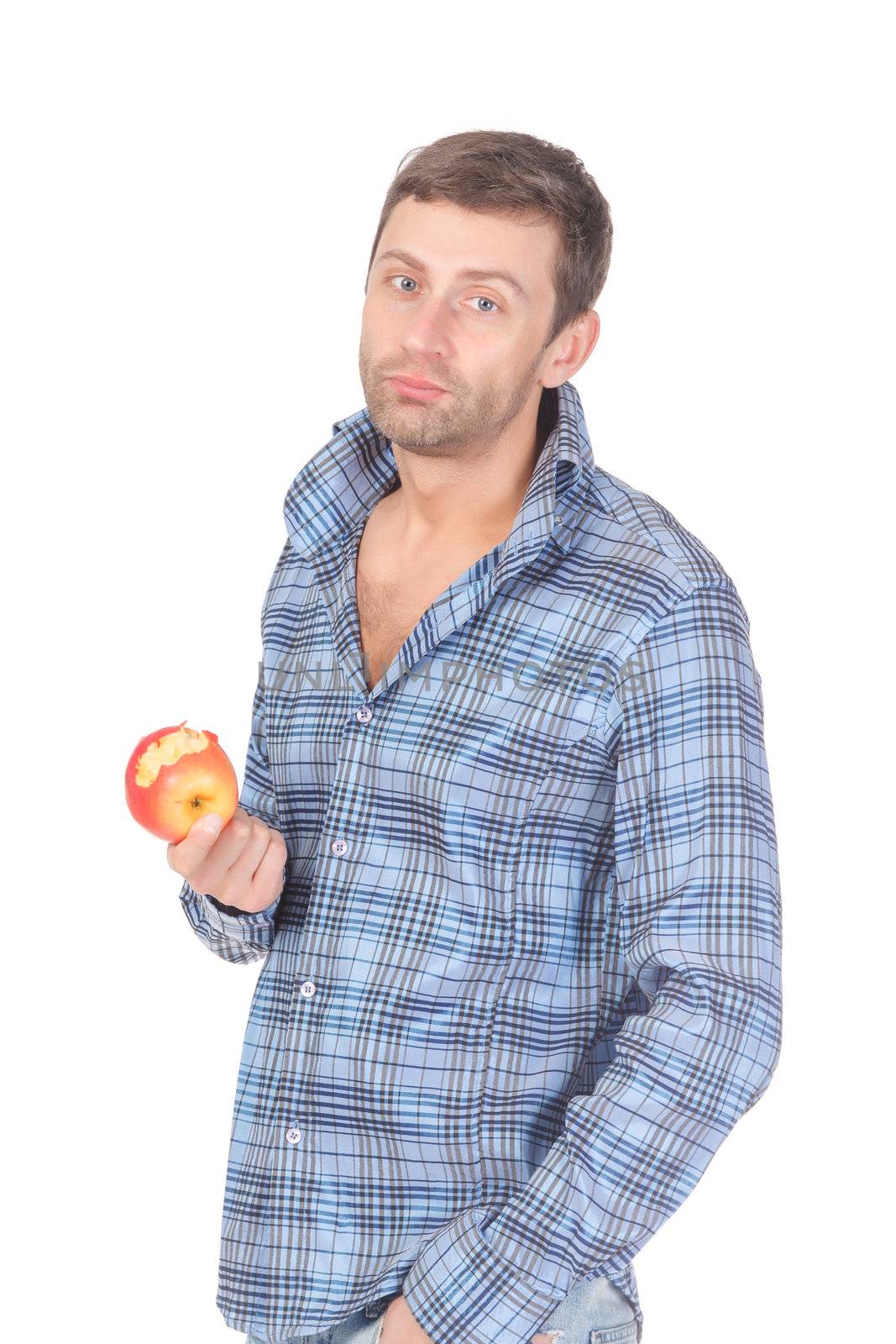 Handsome casual man eat apple over a white background