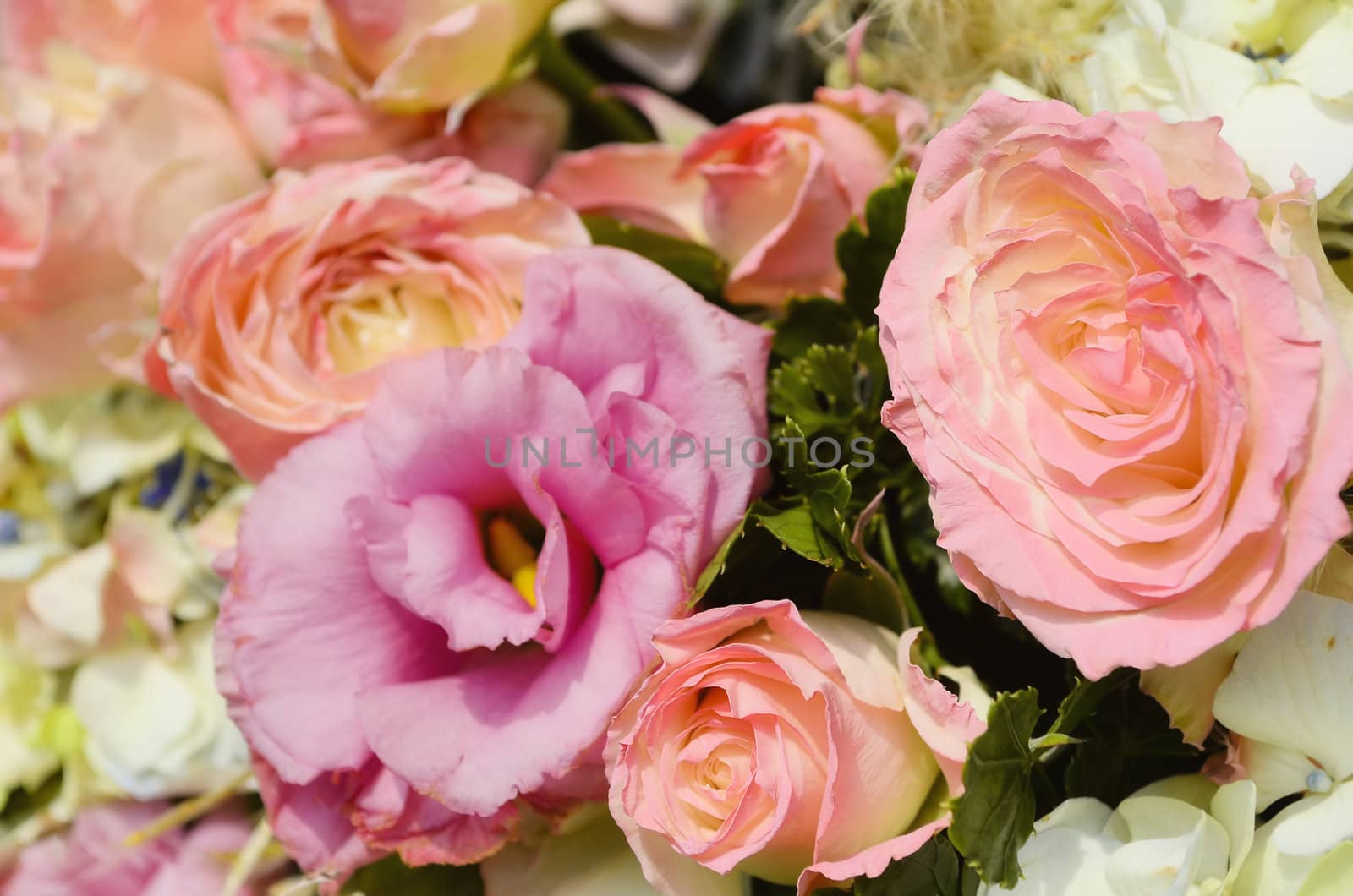 Close-up of pink rose wedding bouquet 