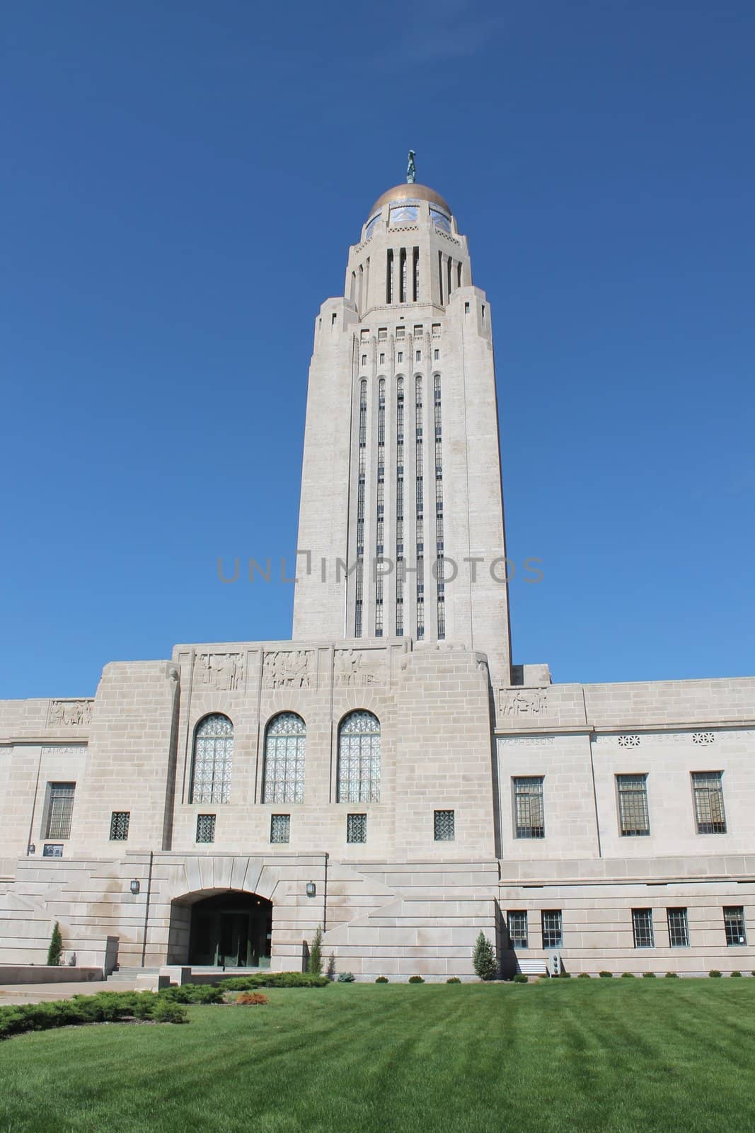 View of Nebraska State Capitol Building located in Lincoln, Nebraska.