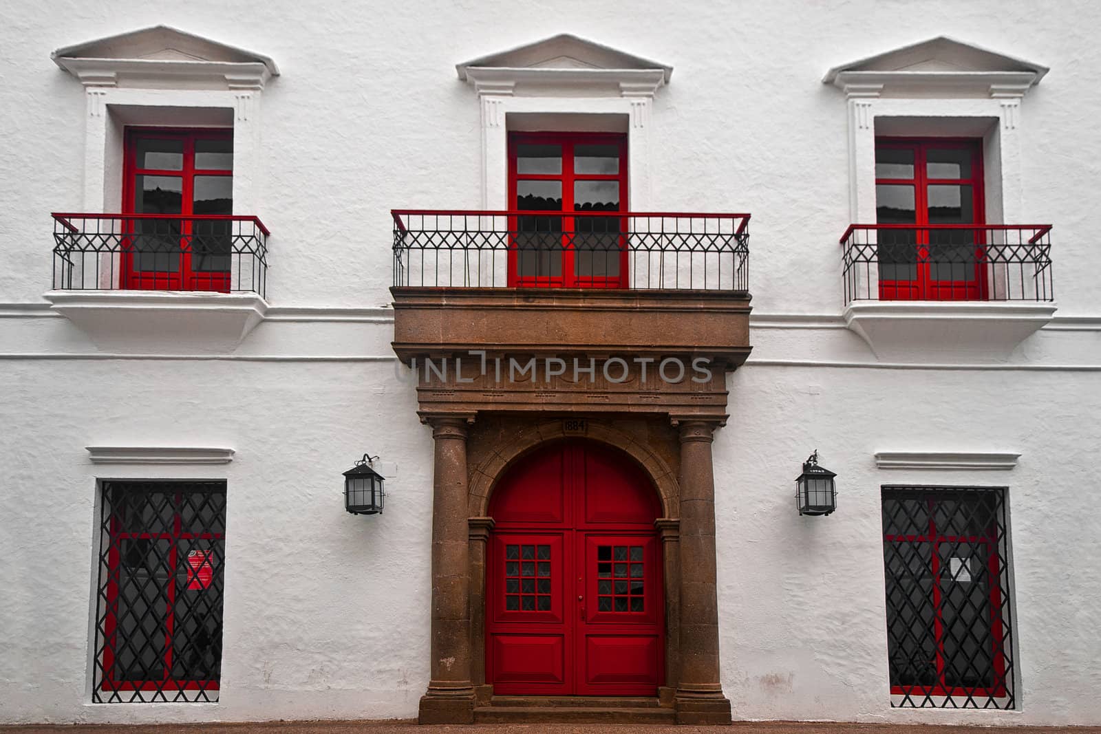 A red and white colonial building in Popayan, Colombia.