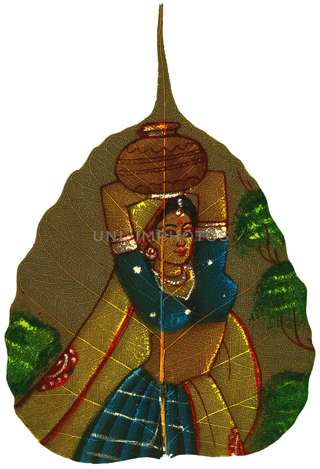 Peepal Leaf hand-painted depicting young woman with pot on head