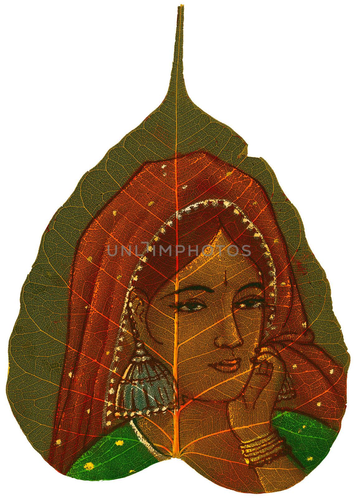 Peepal Leaf hand-painted depicting young woman with veil and earrings