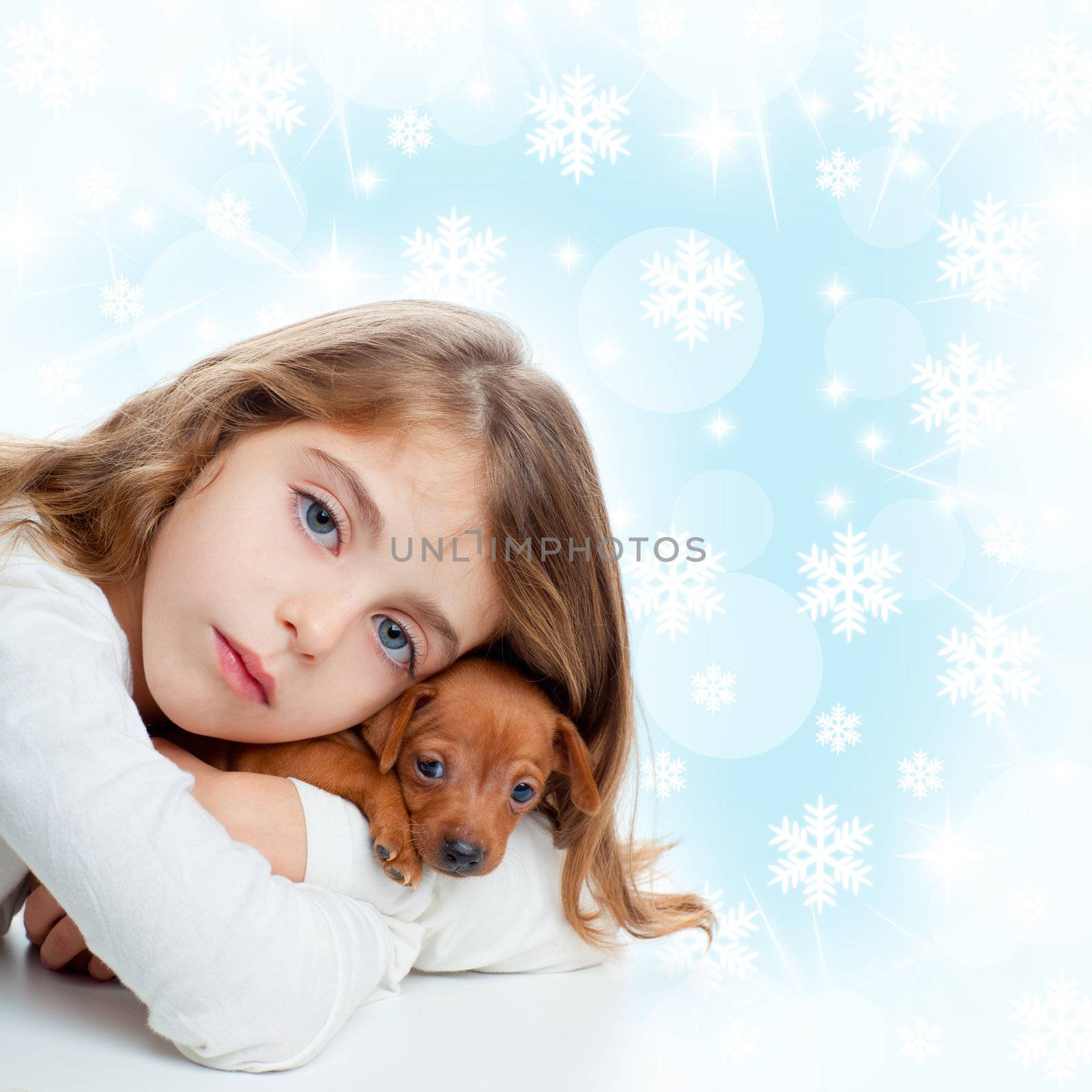 christmas children girl hug a puppy brown dog by lunamarina