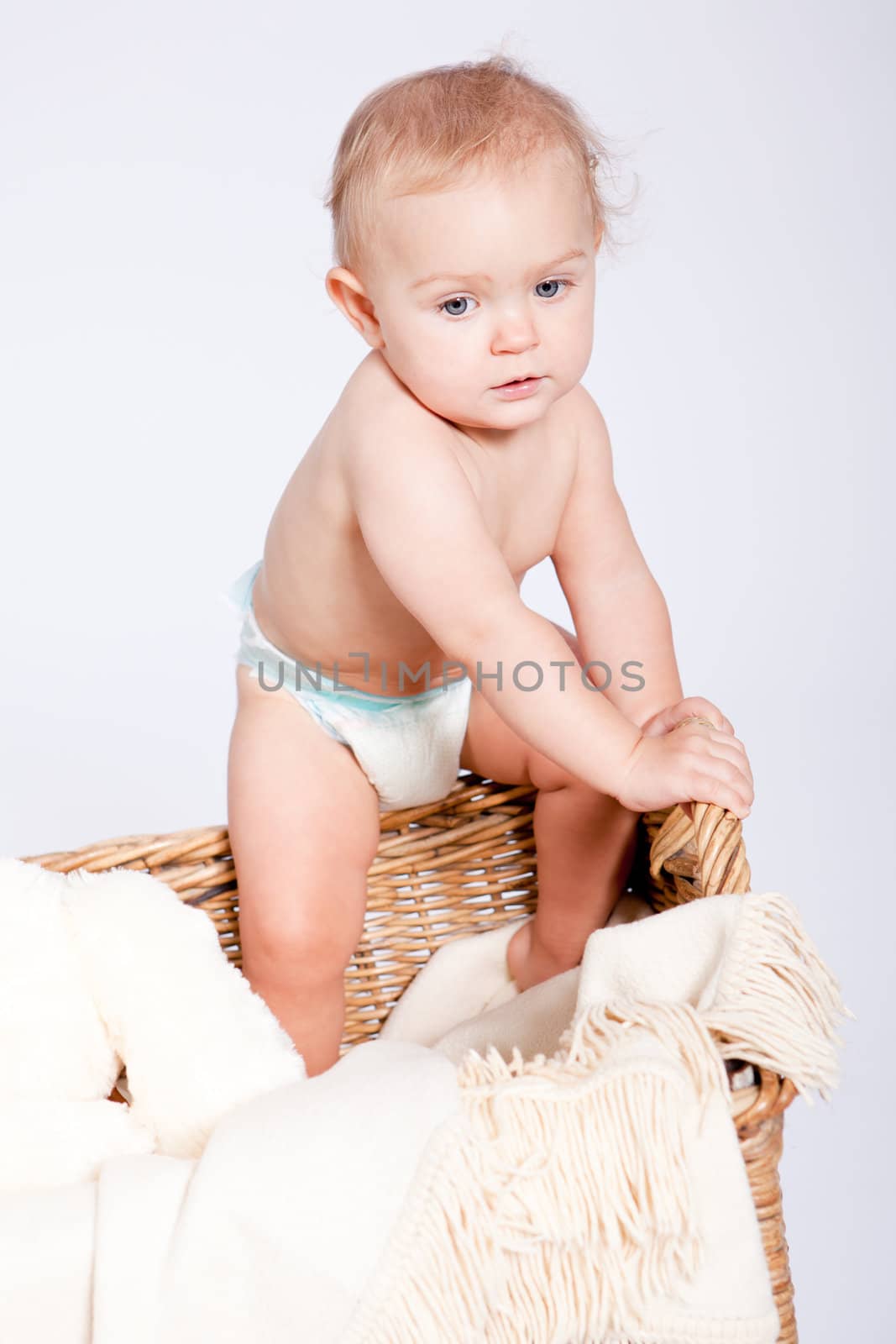cute little baby infant in basket with white teddy bear