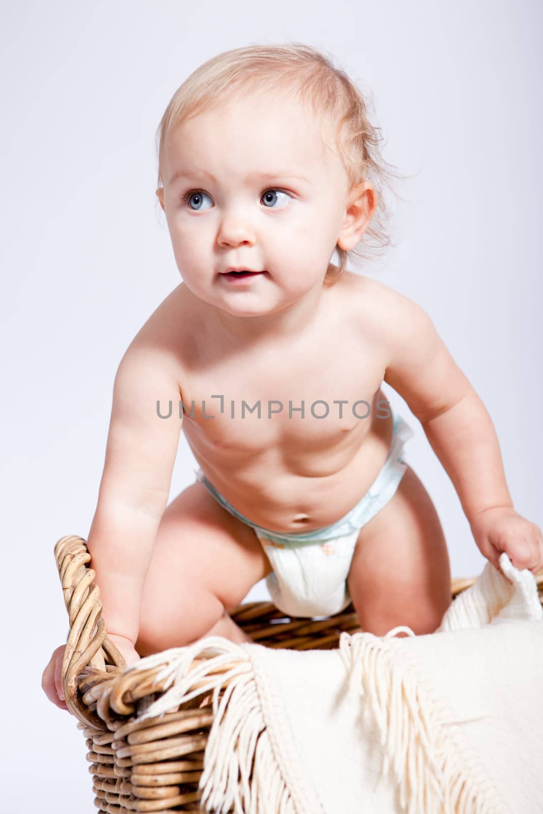 cute little baby infant in basket with white teddy bear
