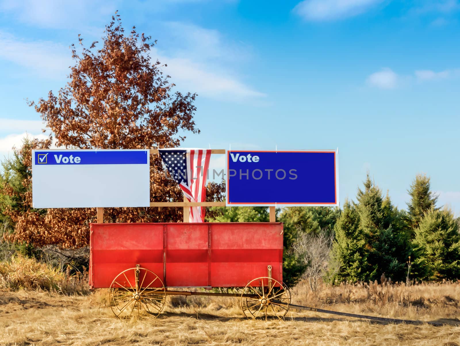 Blank Campaign Signs on Old Fashioned Hay Wagon in Rural America by wolterk