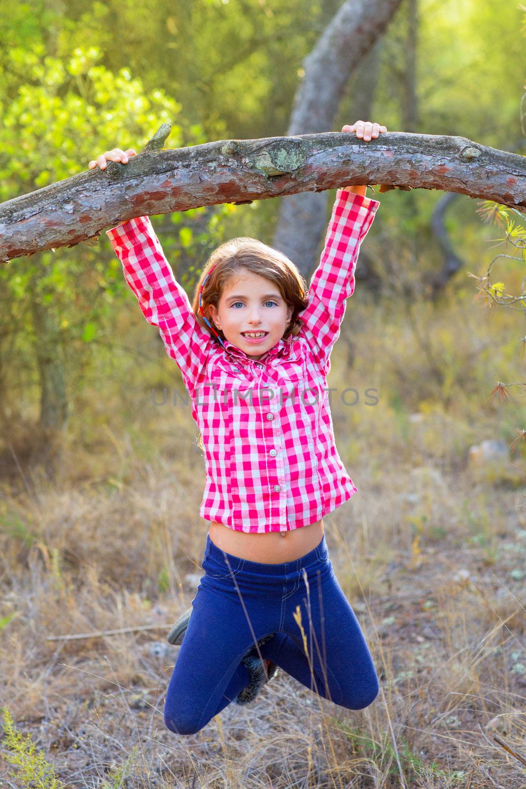 children girl swinging in a tree trunk in a pine forest