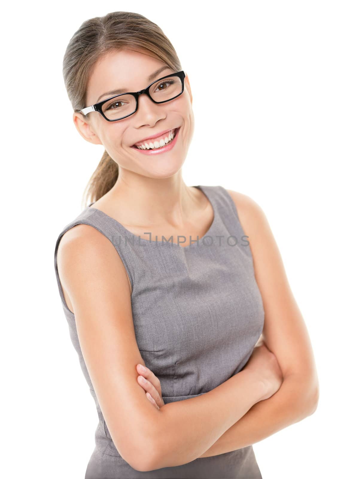 Woman wearing glasses eyewear. Portrait of young female professinal business woman wearing glasses looking at camera smiling happy. Multiracial woman model isolated on white background..