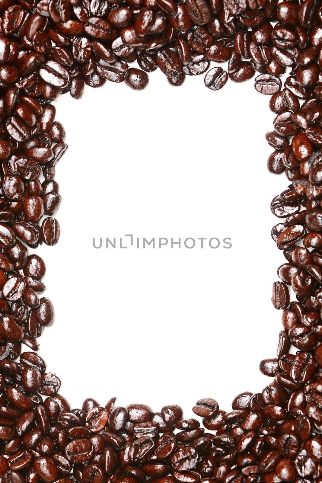 Coffee beans frame background texture with around pure white copy space.
