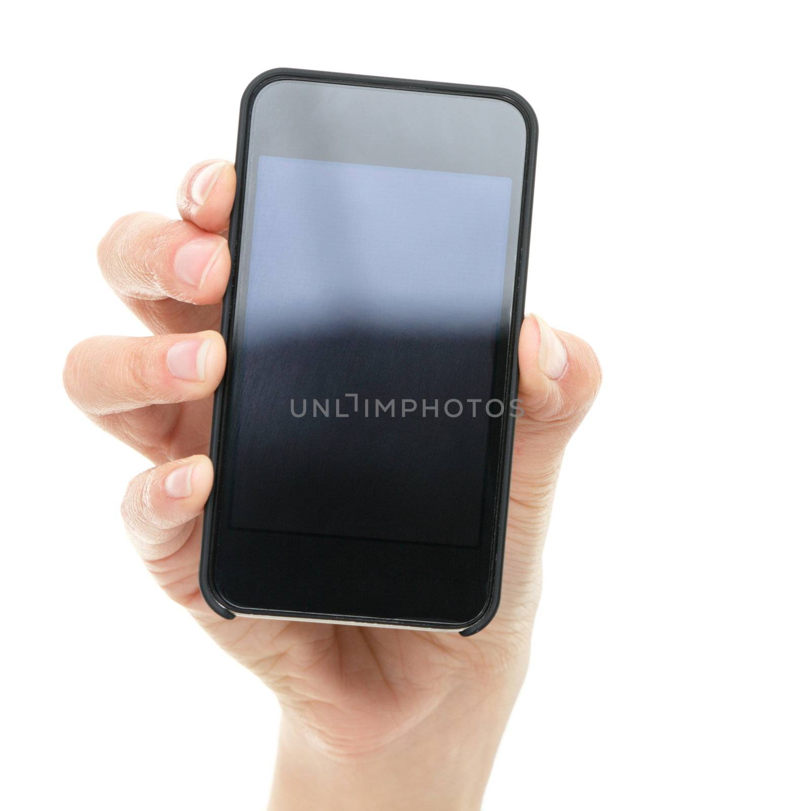 Smart phone. Hand showing smartphone mobile phone closeup. Screen blank and empty for copyspace. Isolated on white background.