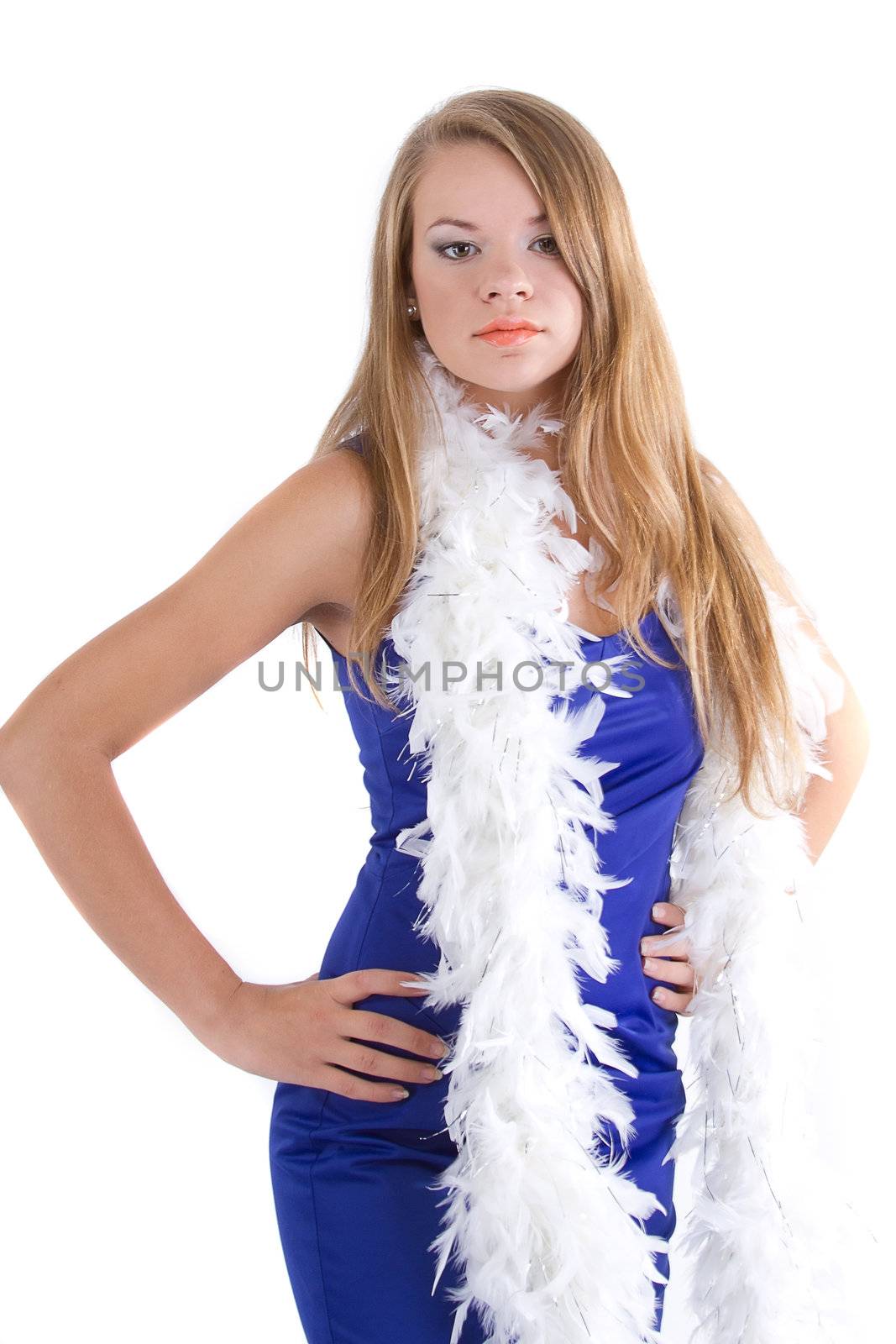 woman in blue dress with her white feathered boa by victosha