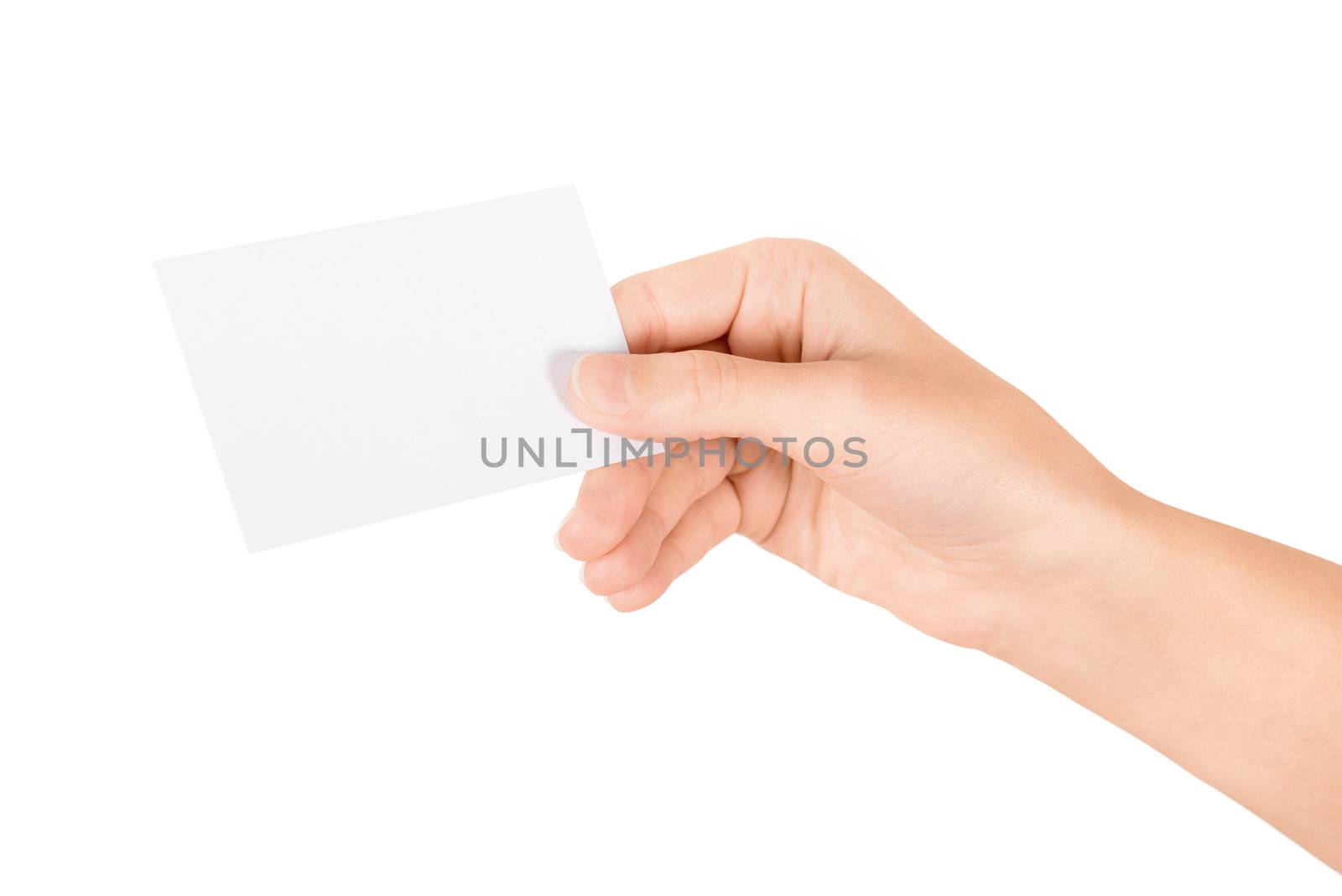 Hand holding blank business card. Isolated on white.