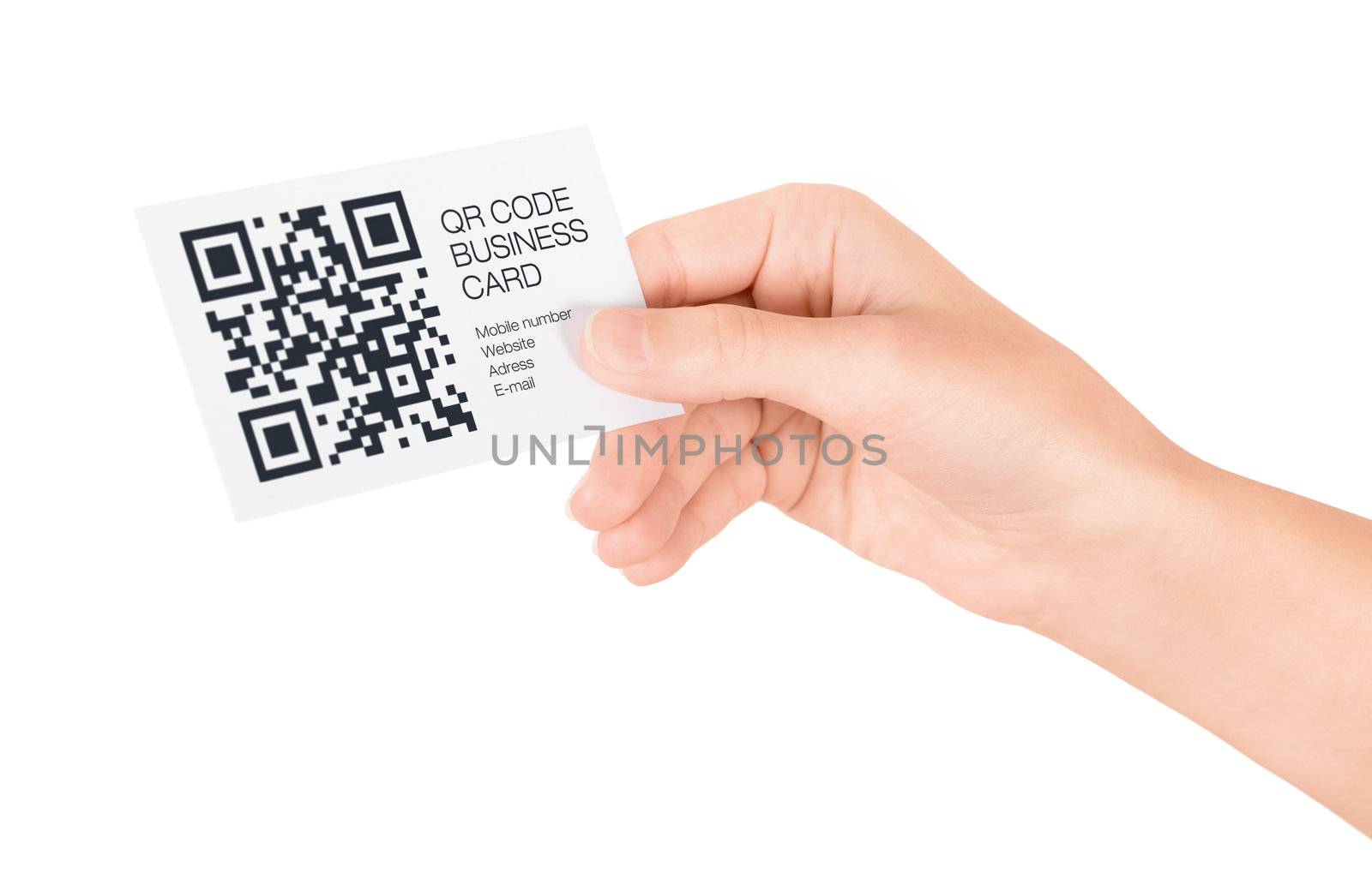 Hand showing business card with QR code information. Isolated on white.