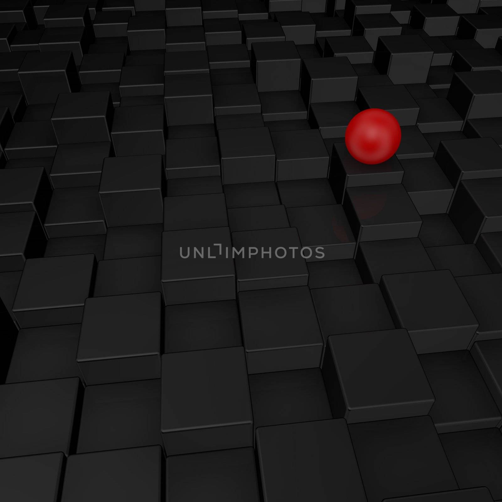 red sphere on black cubes surface - 3d illustration