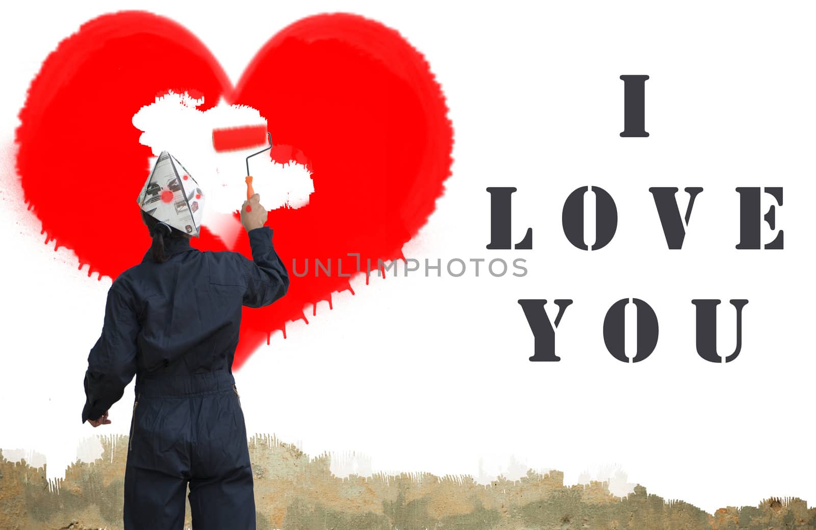 A woman is painting a red heart on a white wall