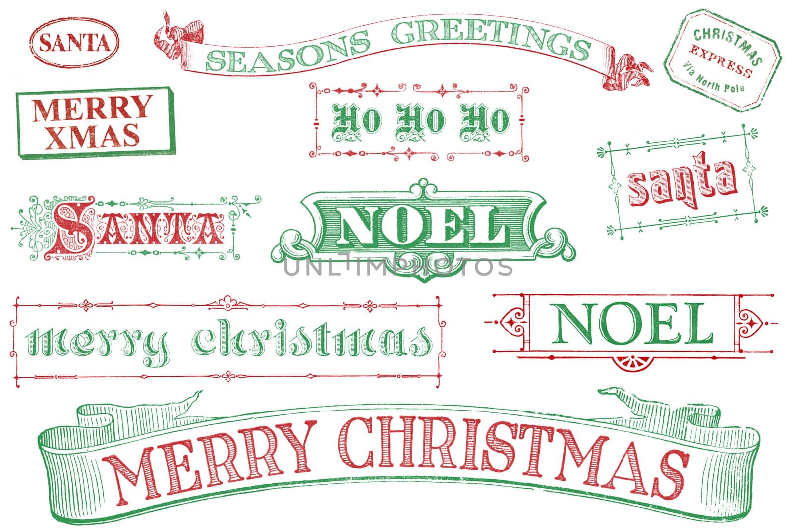 A set of distressed, old-style red and green Christmas-themed stamps. Similar in style to imprints from the 1800s.  Isolated on white.