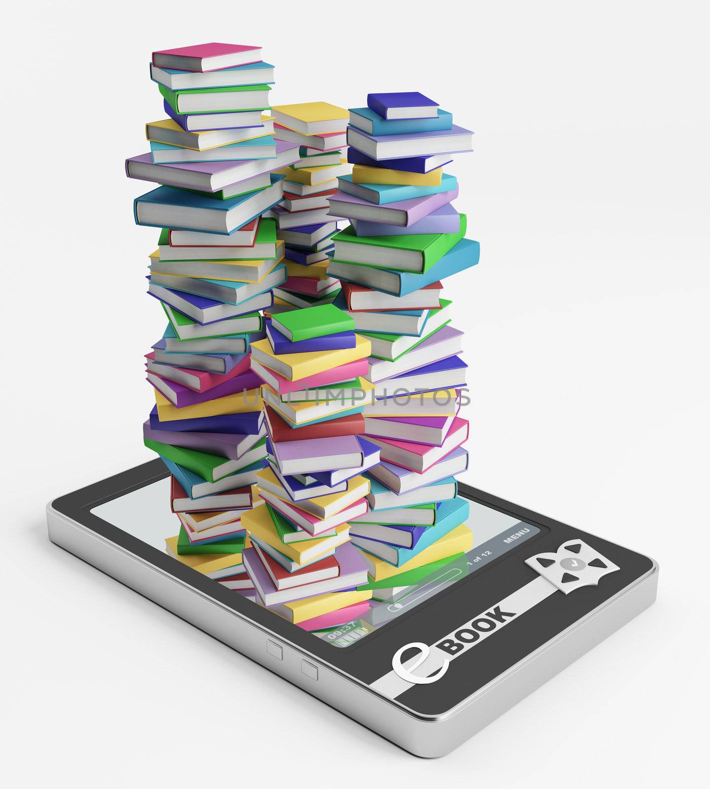 Stacks of ordinary books grow from display