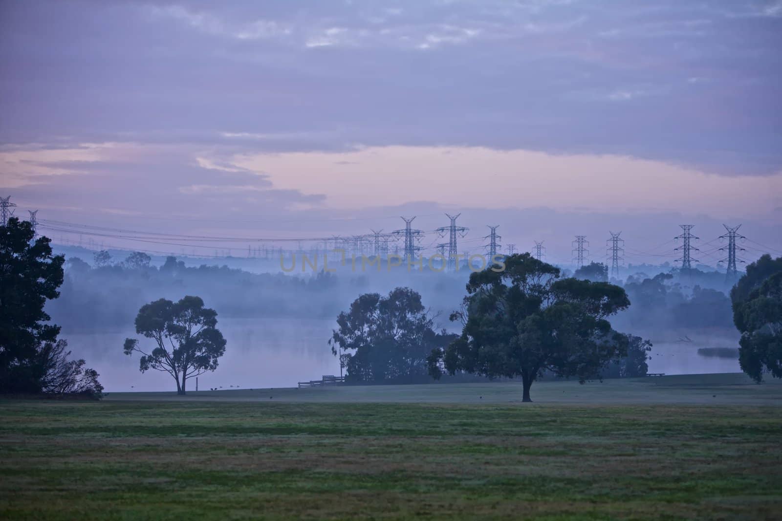 Electrical pylons in morning mist near a pond at the park