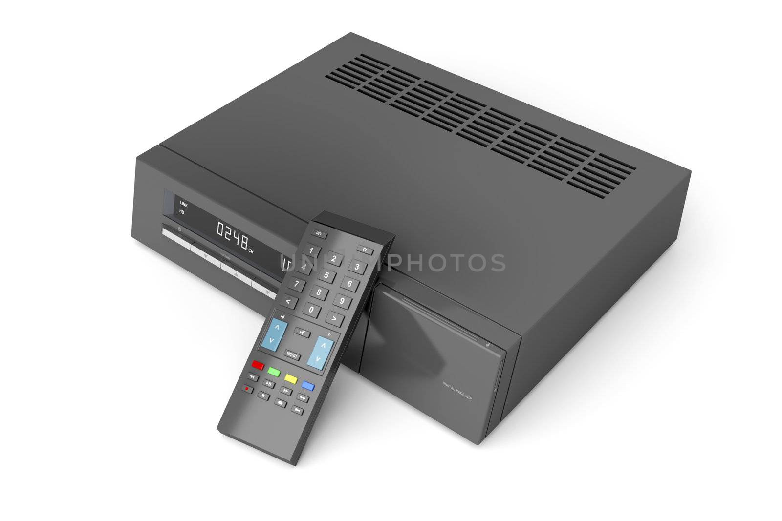 Digital receiver with remote control on white background