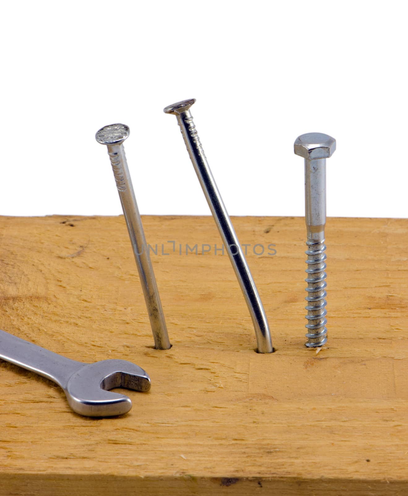 nails hammered board bend screw bolt wrench white by sauletas