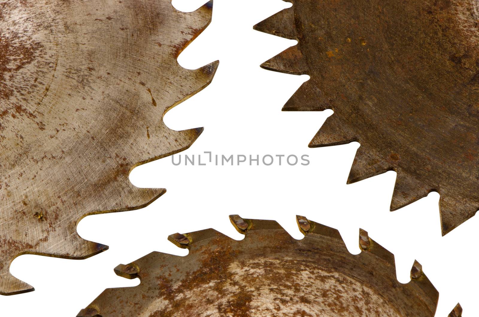 three circular saw disks parts with different blades closeup isolated on white bakcgound