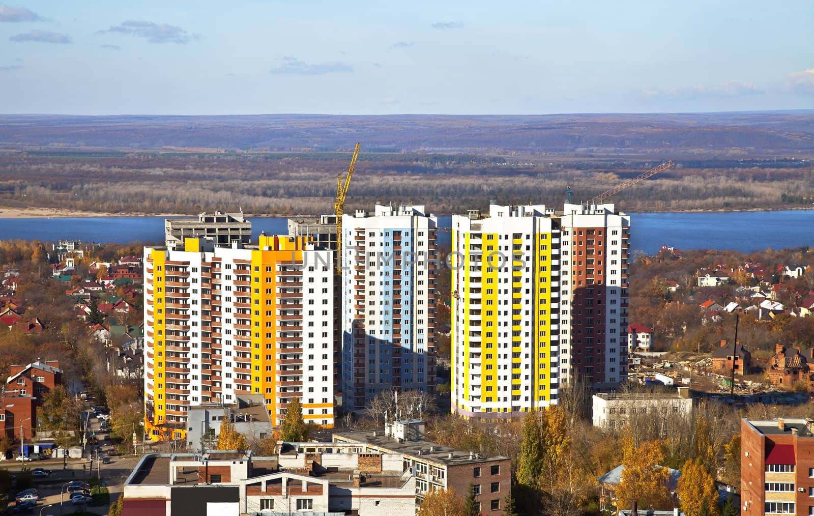 New Social apartment buildings in the residential area of Samara. Construction in the area of ??private houses on the banks of the Volga river.