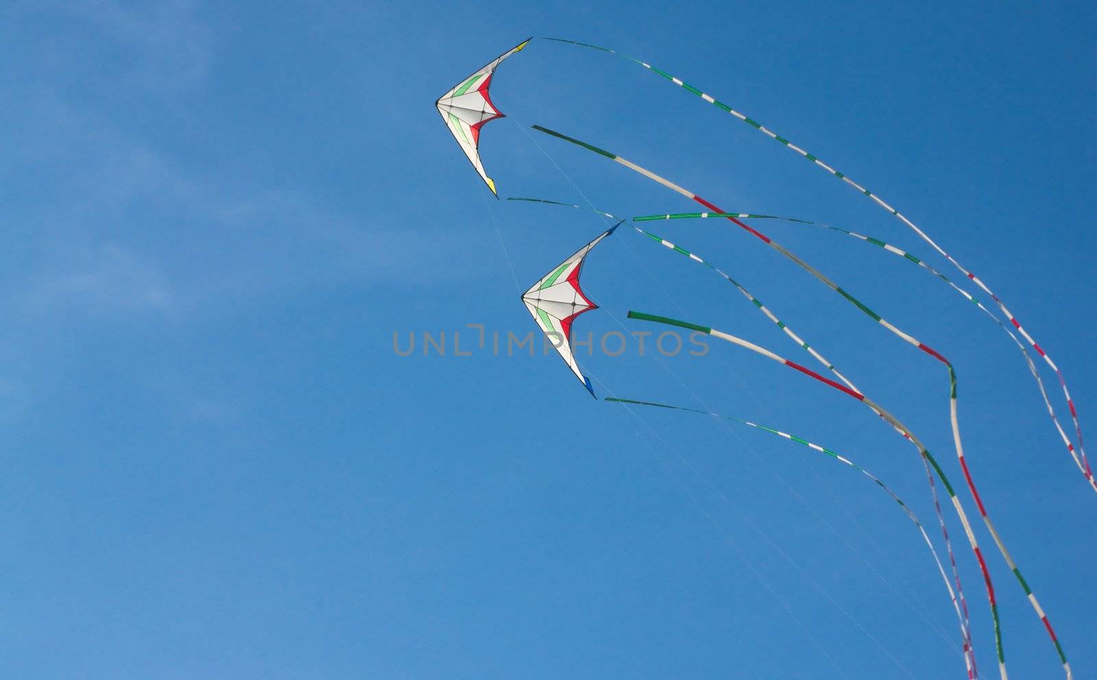 Two kites flying in the blue sky
