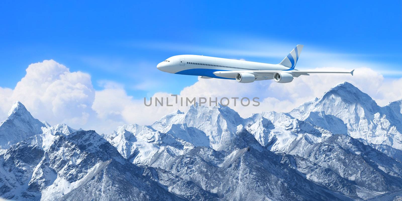 White passenger plane flying in the blue sky above the mountains with snow tops