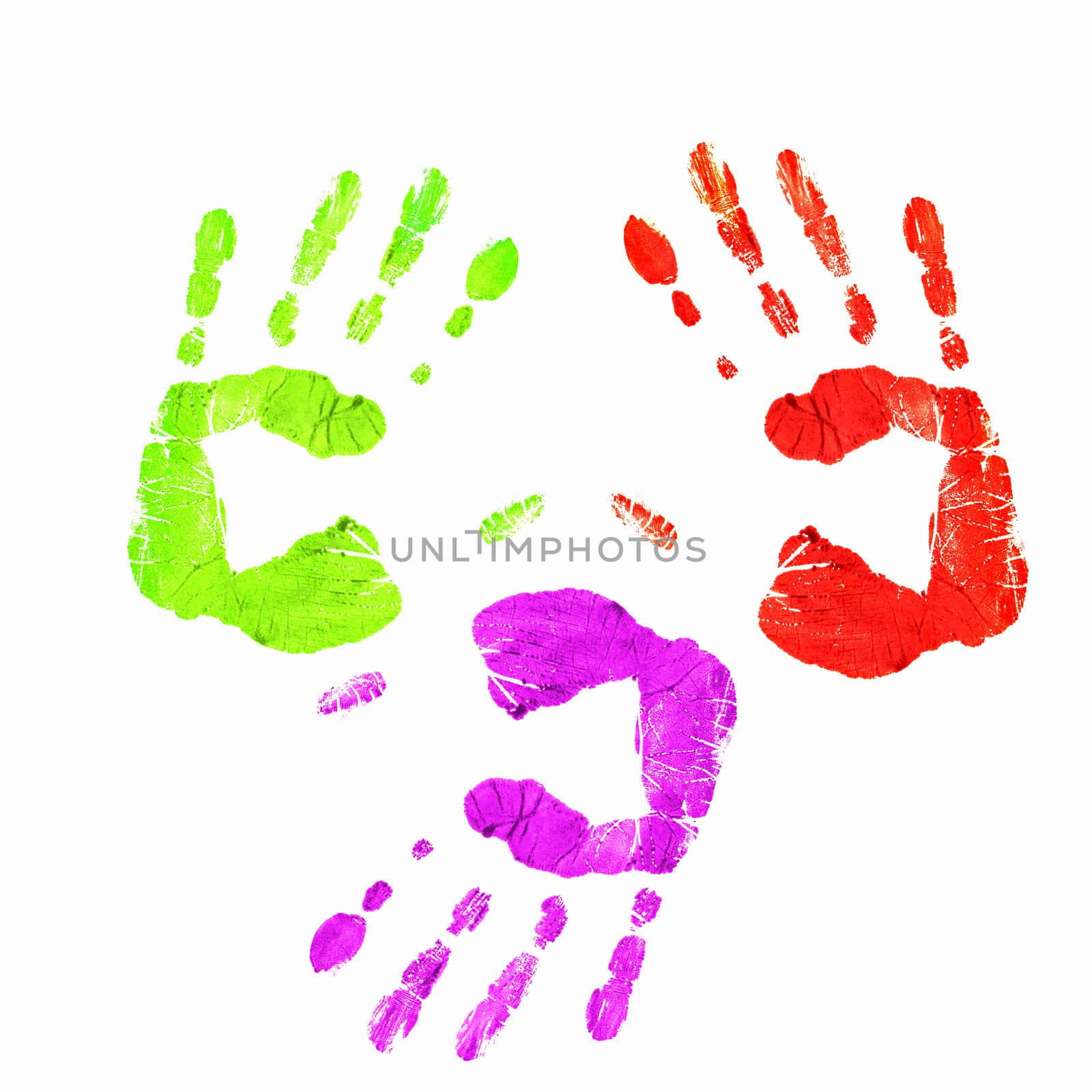 Colourful prints of human hands on white background