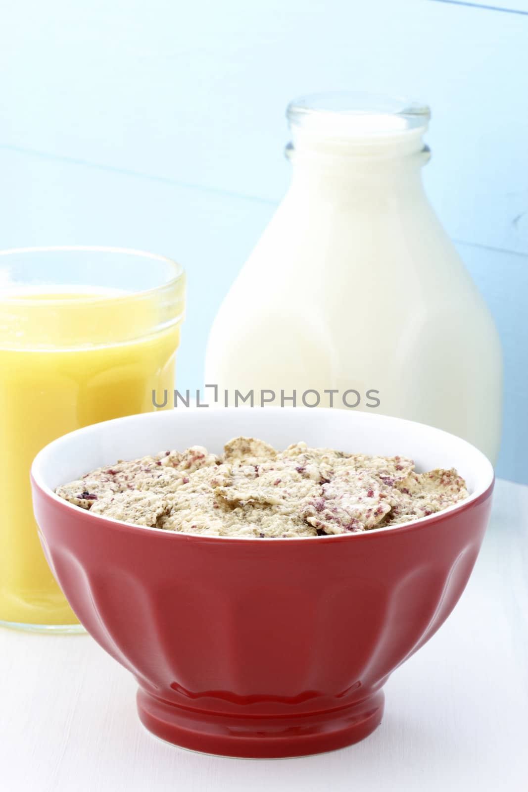 Delicious and healthy breakfast cereal with orange juice