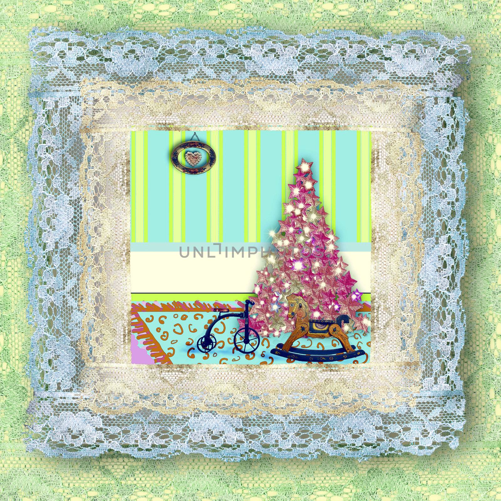 Cards of Christmas tree and vintage toys by Carche