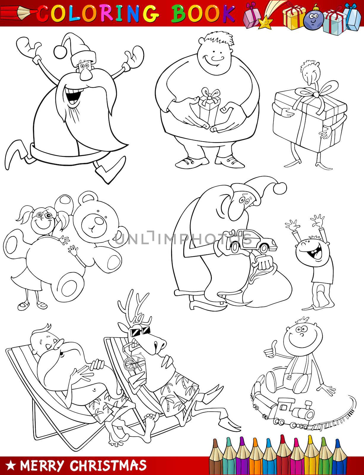 Coloring Book or Page Cartoon Illustration of Christmas Themes with Santa Claus and Xmas Presents for Children