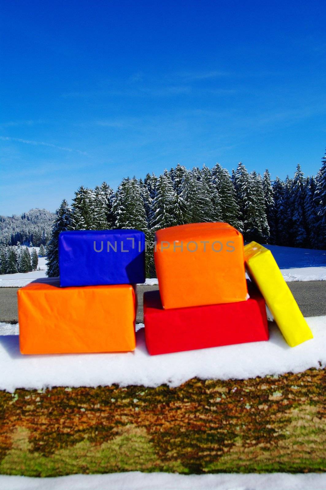 present parcels outside in a snowy landscape...