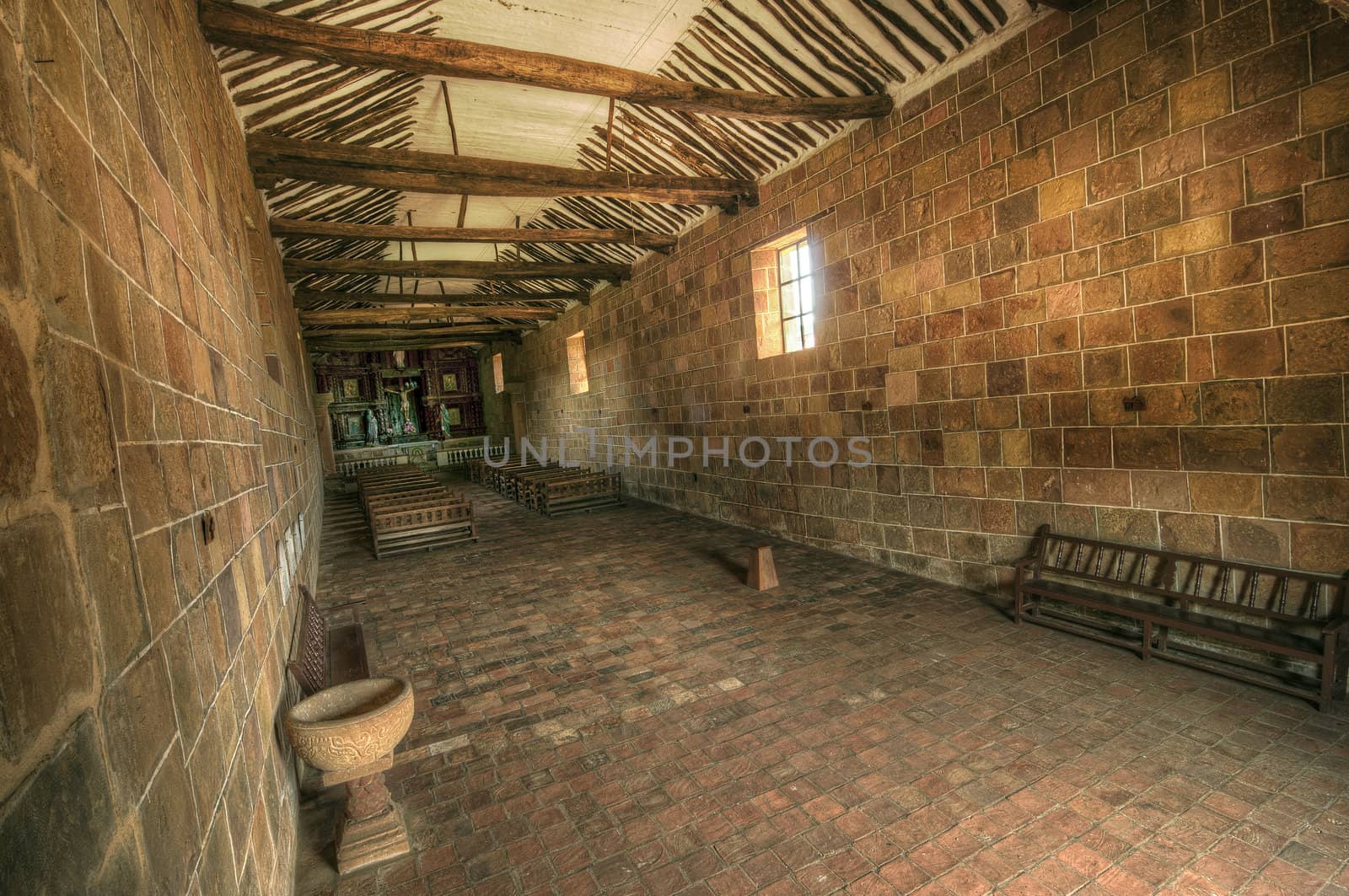 The interior of a church in Barichara, Colombia.