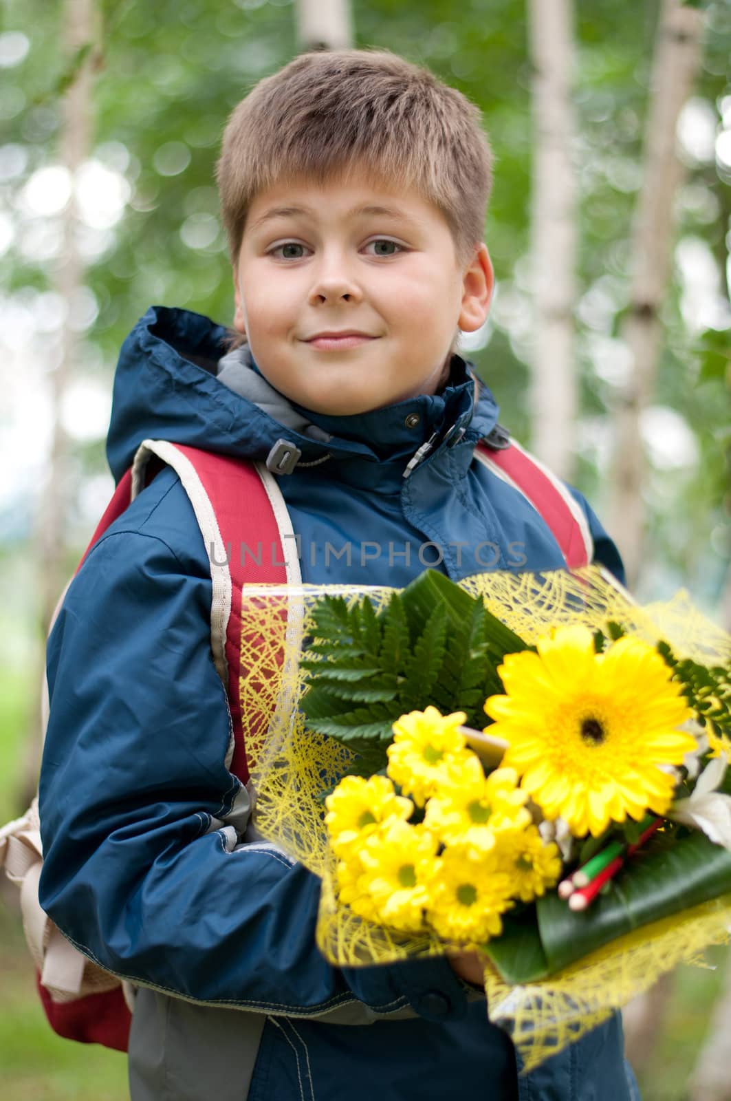 Schoolboy with a bouquet of yellow chrysanthemums in the park by olgavolodina