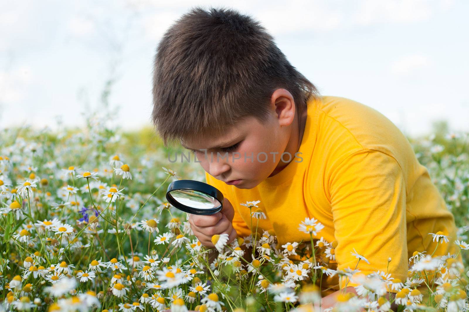 Boy sees flowers through magnifying glass by olgavolodina