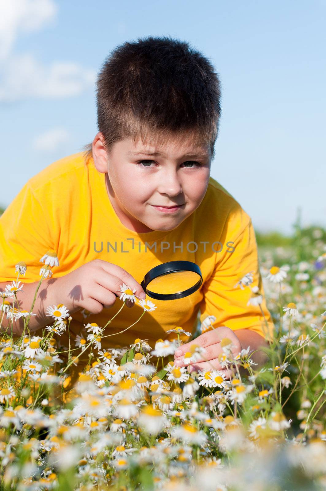 Boy sees flowers through magnifying glass by olgavolodina