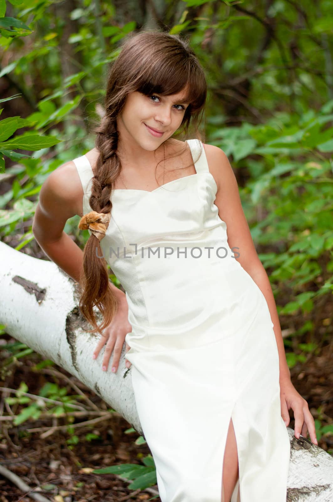 Russian girl in a white dress in a birch forest by olgavolodina