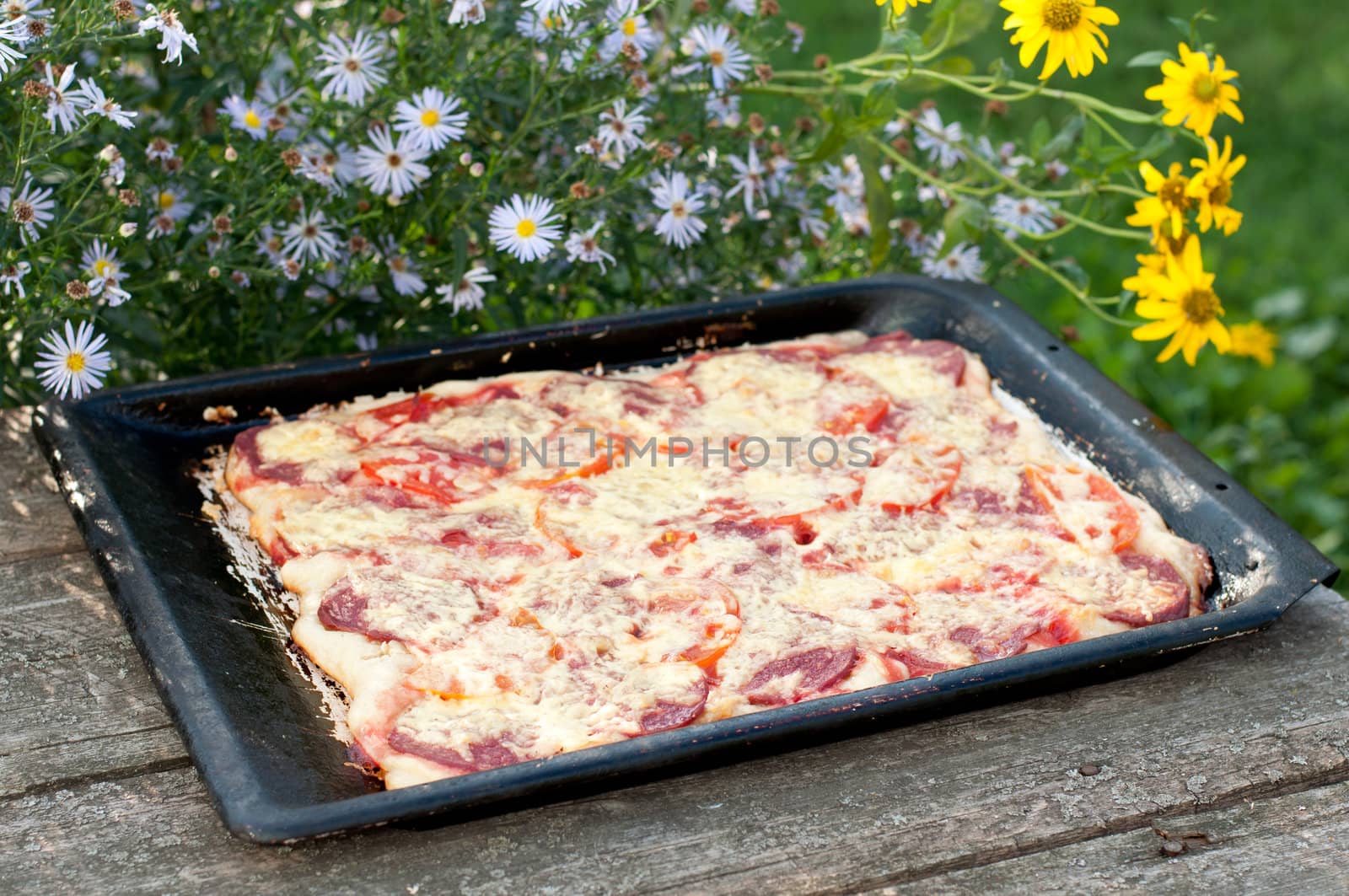 Home-made pizza on a baking