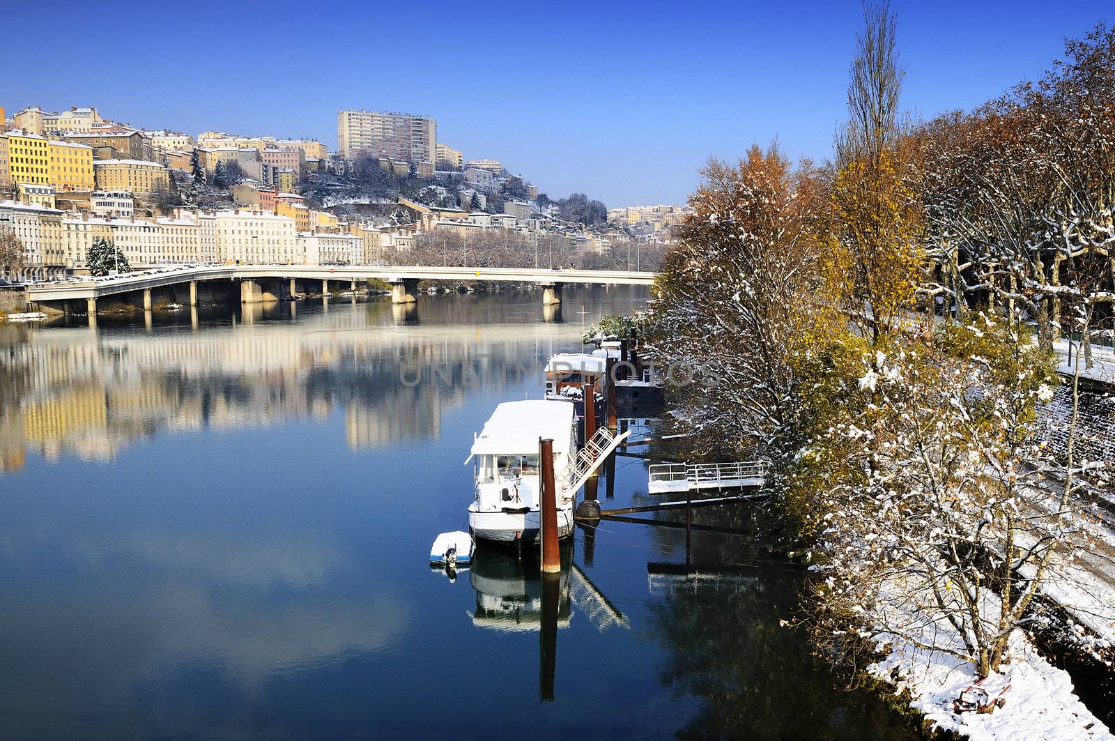 Lyon city in winter, Rhône river and Croix-rousse district, France