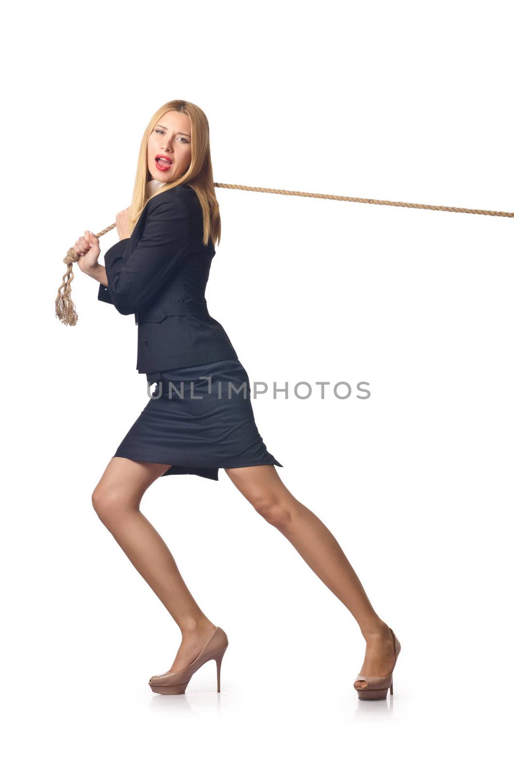 Woman pulling rope on white by Elnur