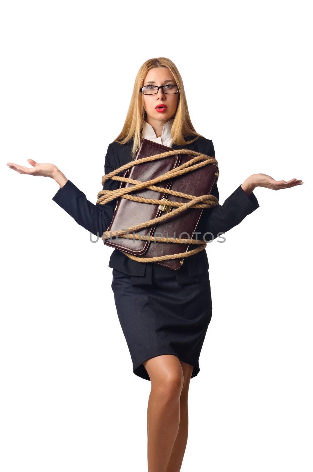 Woman businessman tied up with rope