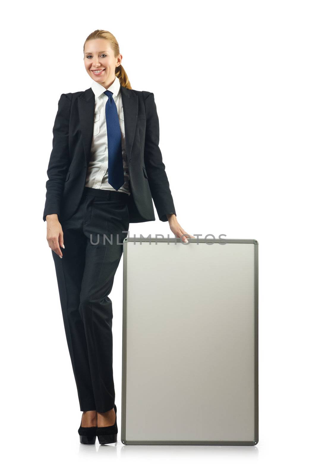 Businesswoman with blank board on white by Elnur