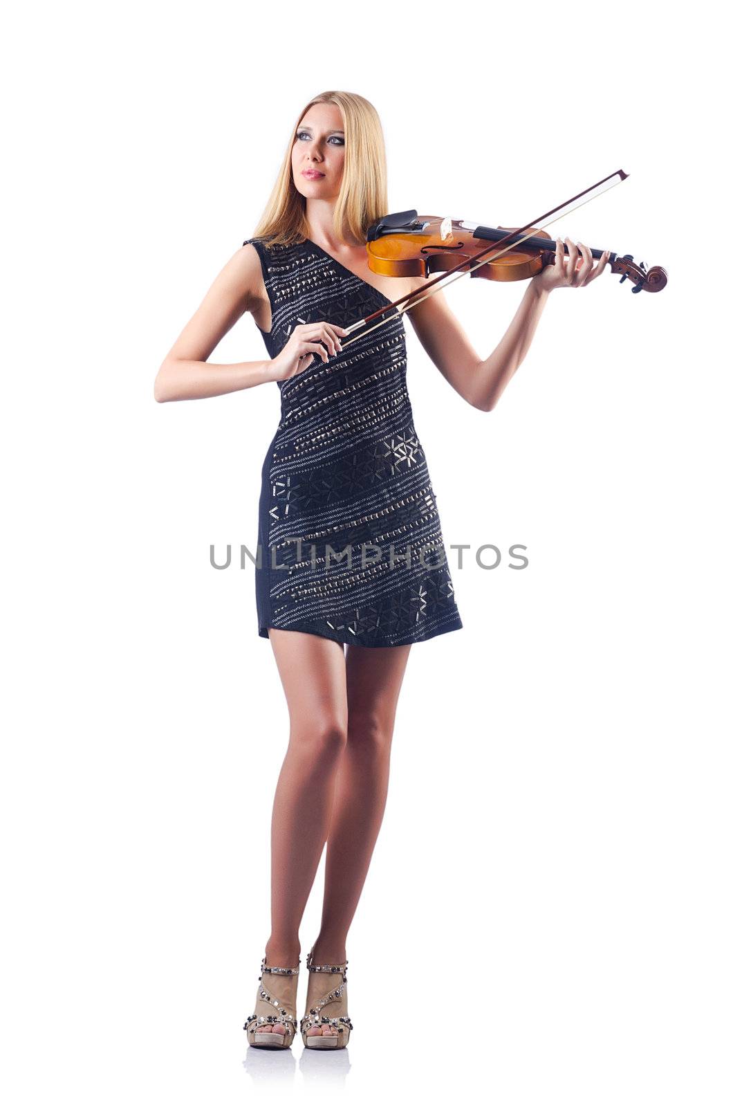 Young woman playing violin on white by Elnur