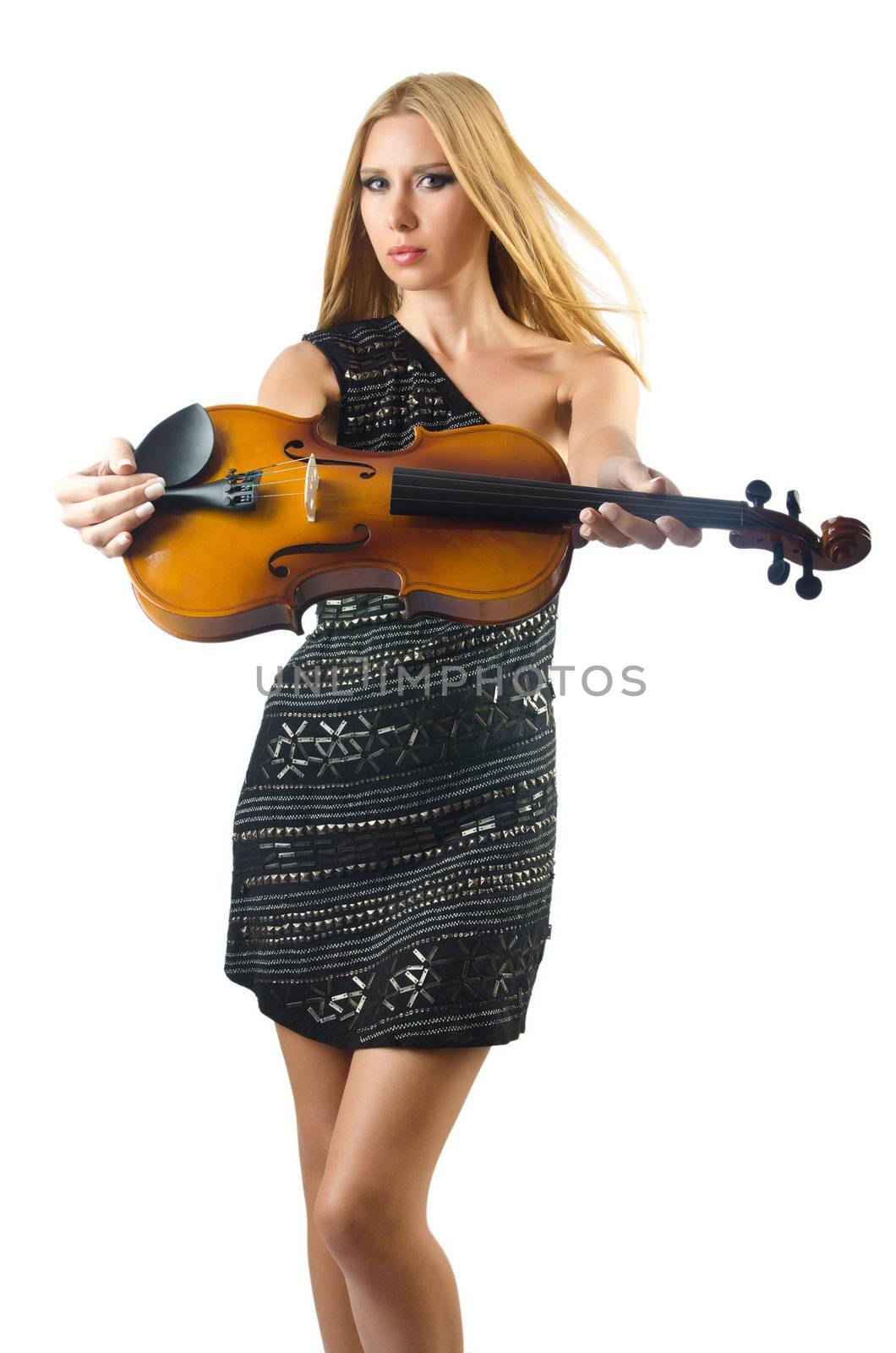 Woman playing violin on white by Elnur