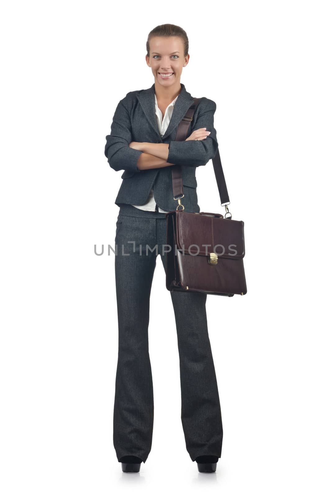 Businesswoman with briefcase on white by Elnur