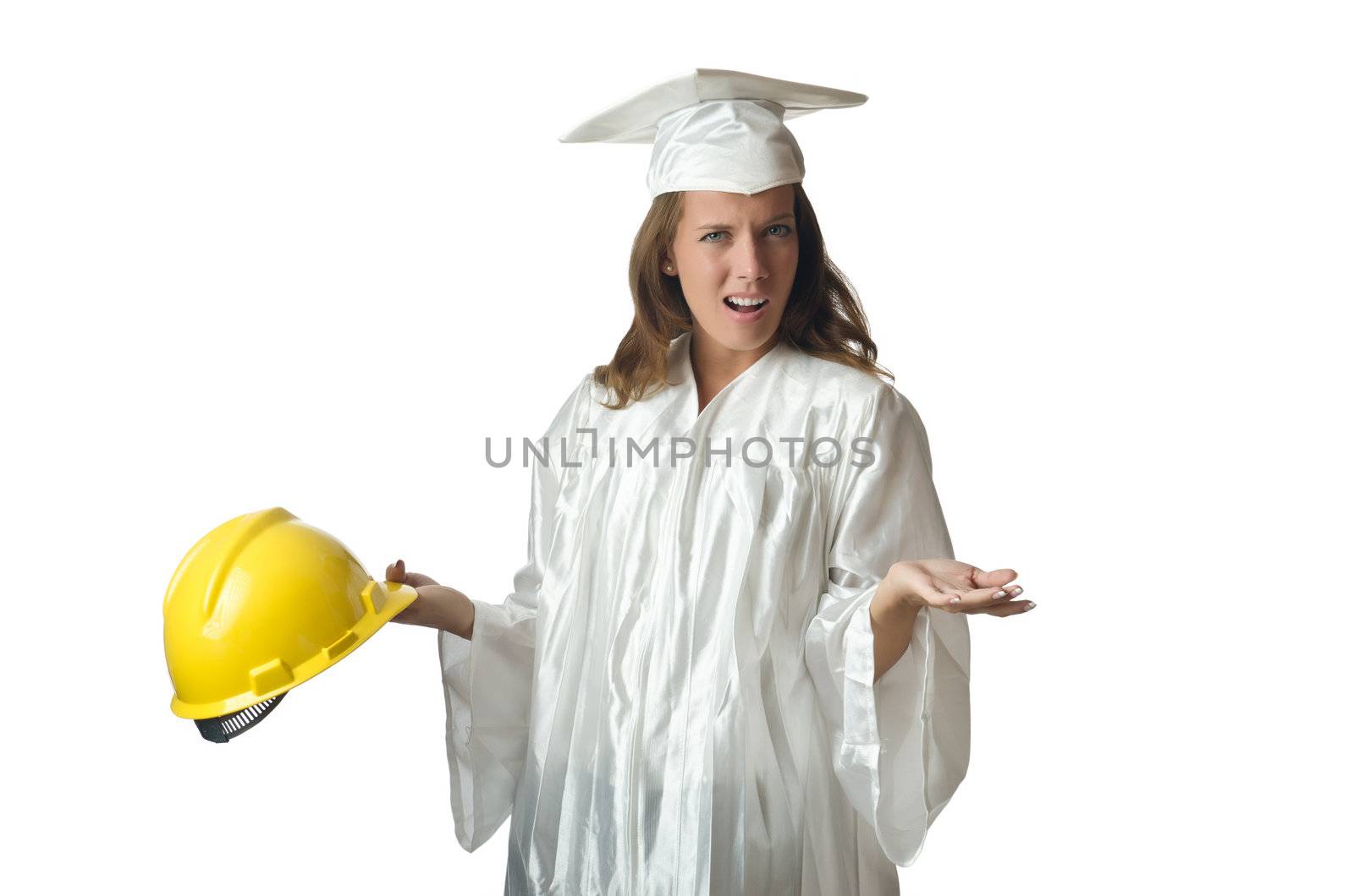 Young student with diploma on white