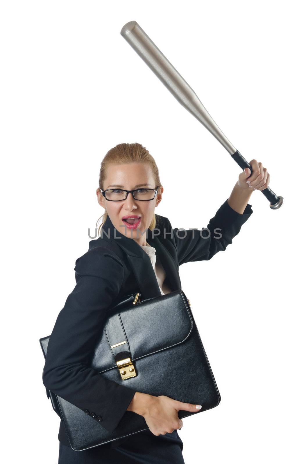 Businesswoman with baseball bat on white by Elnur