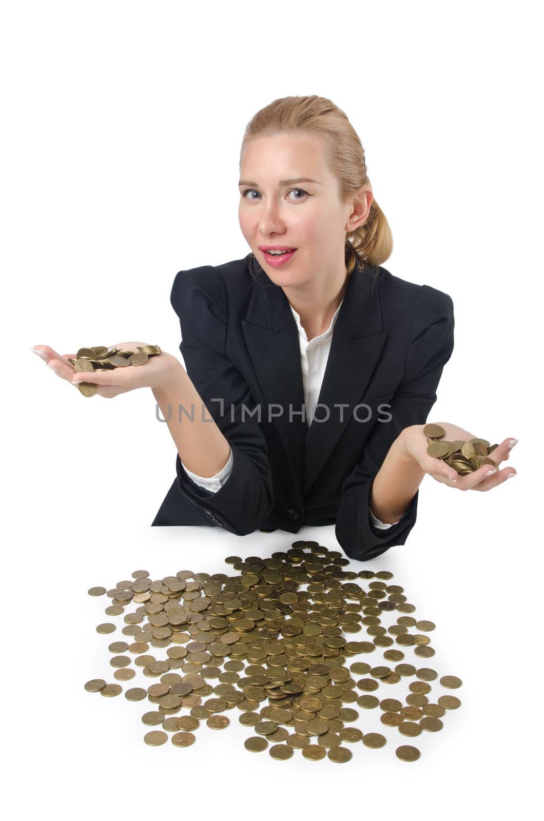 Woman with lots of coins on white by Elnur